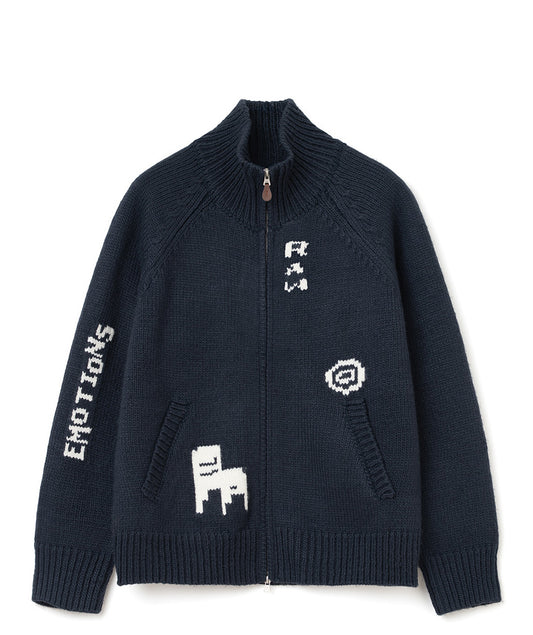 Raw Intarsia Cowichan  Knit Zip-Up Navy