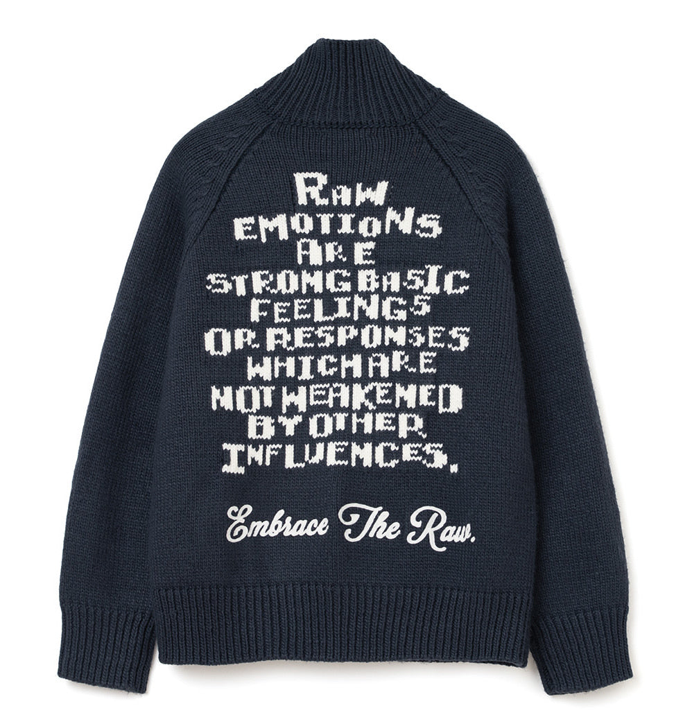 Raw Intarsia Cowichan  Knit Zip-Up Navy