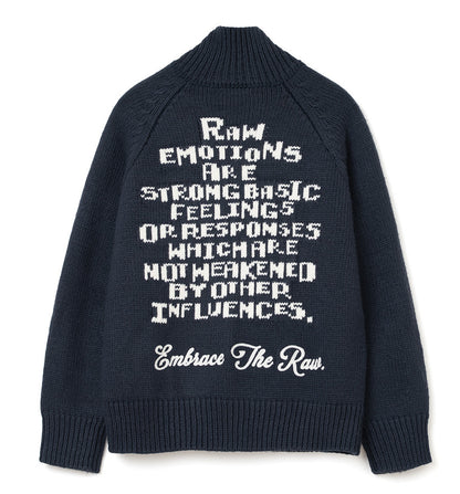 Raw Intarsia Cowichan  Knit Zip-Up Navy