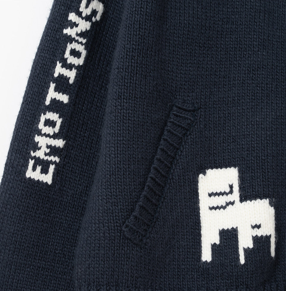 Raw Intarsia Cowichan  Knit Zip-Up Navy