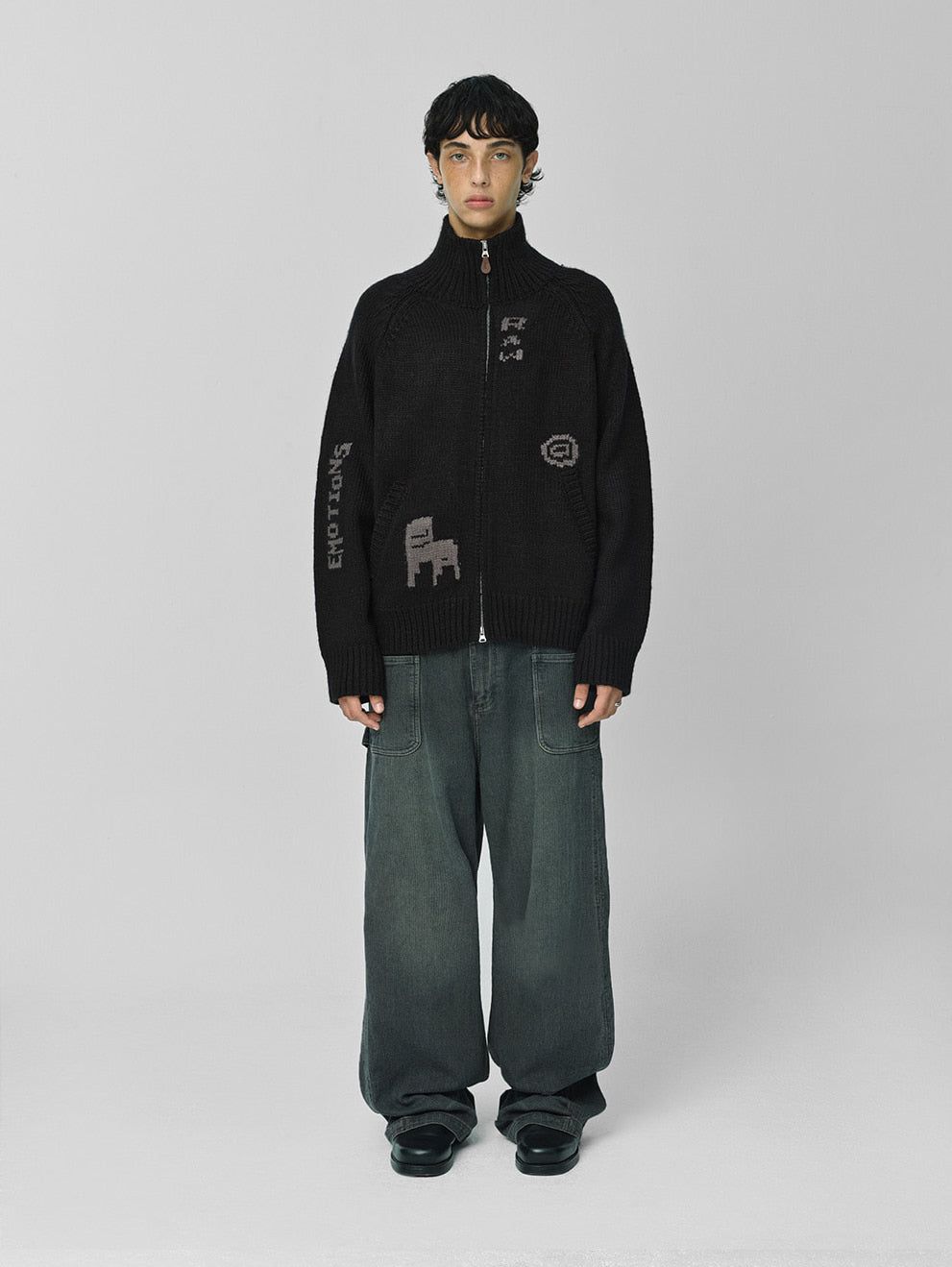 Raw Intarsia Cowichan  Knit Zip-Up Black