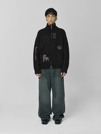 Raw Intarsia Cowichan  Knit Zip-Up Black