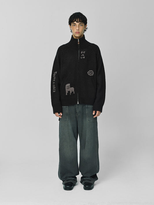 Raw Intarsia Cowichan  Knit Zip-Up Black
