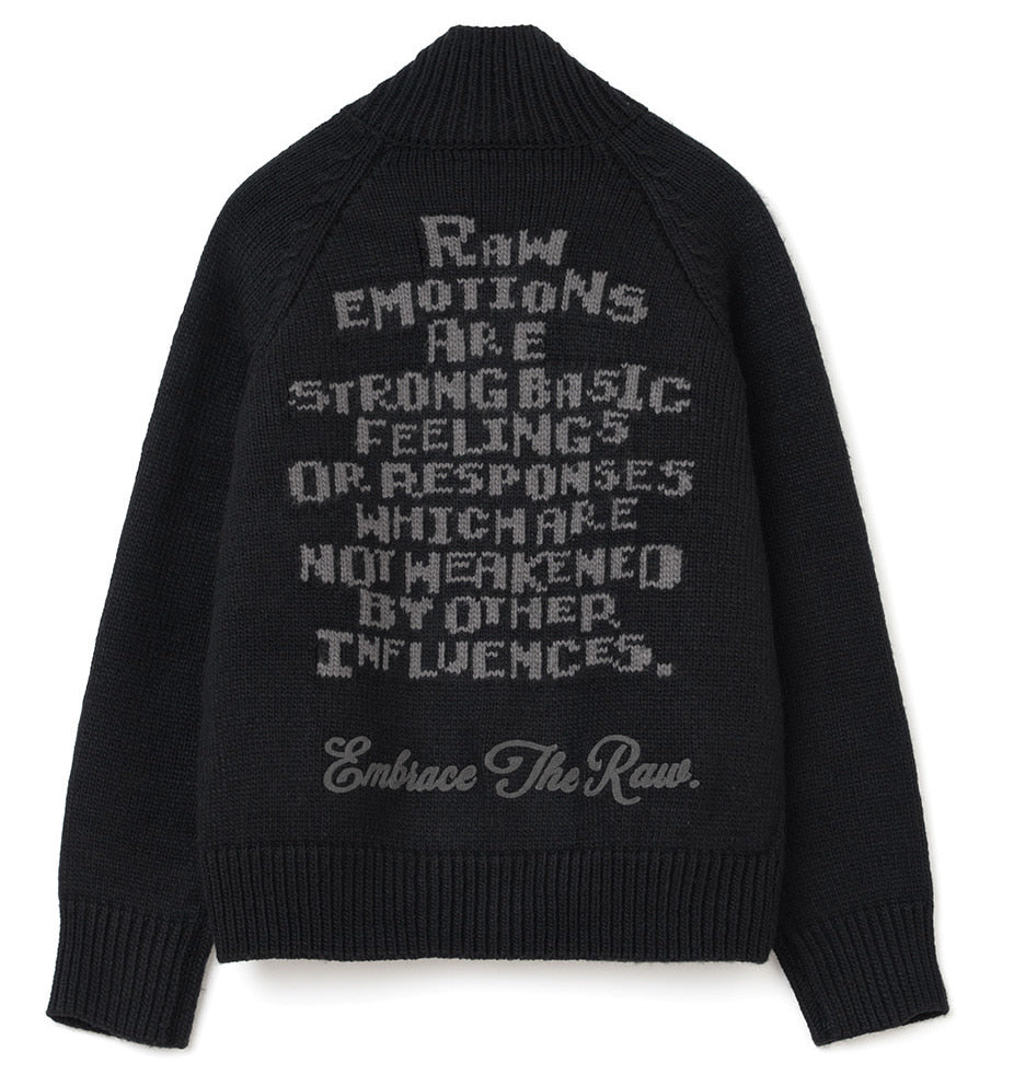 Raw Intarsia Cowichan  Knit Zip-Up Black