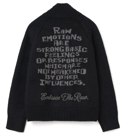Raw Intarsia Cowichan  Knit Zip-Up Black