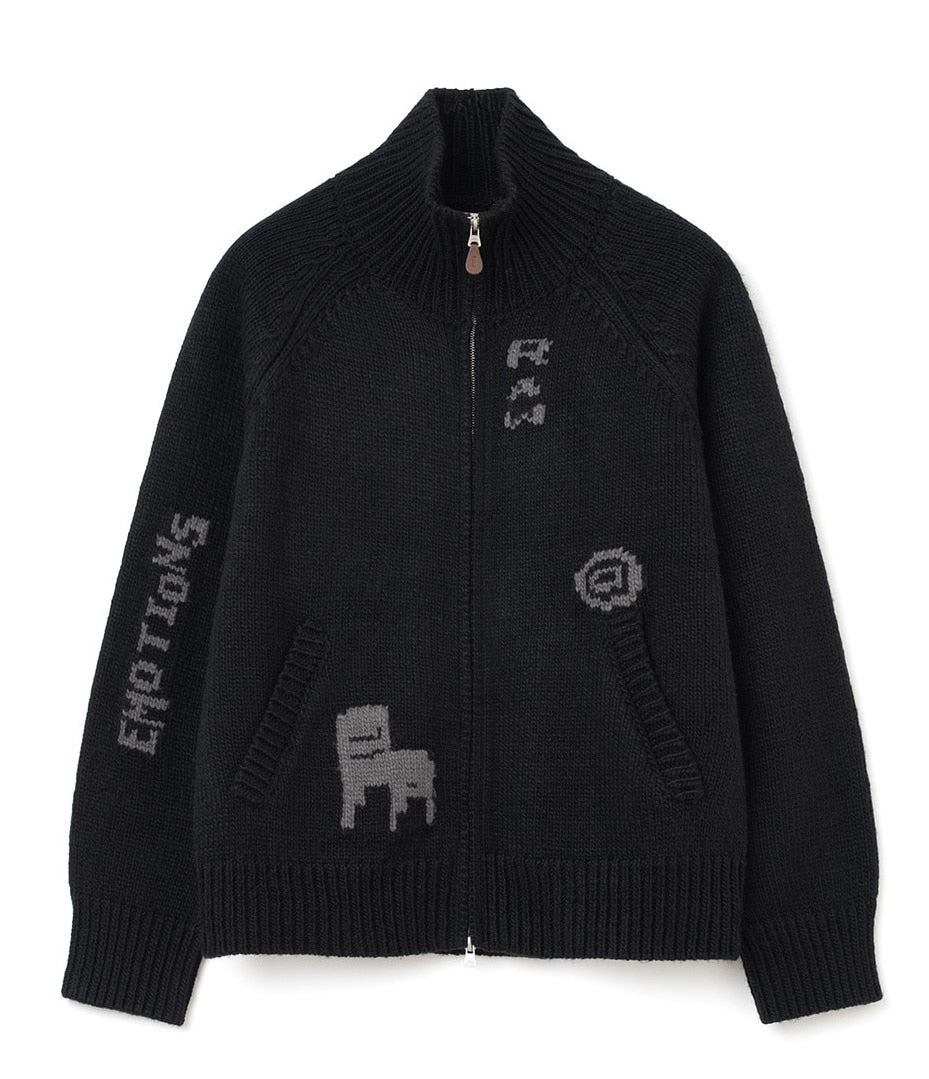 Raw Intarsia Cowichan  Knit Zip-Up Black