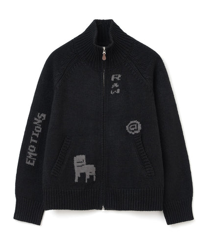 Raw Intarsia Cowichan  Knit Zip-Up Black