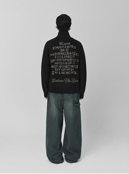 Raw Intarsia Cowichan  Knit Zip-Up Black