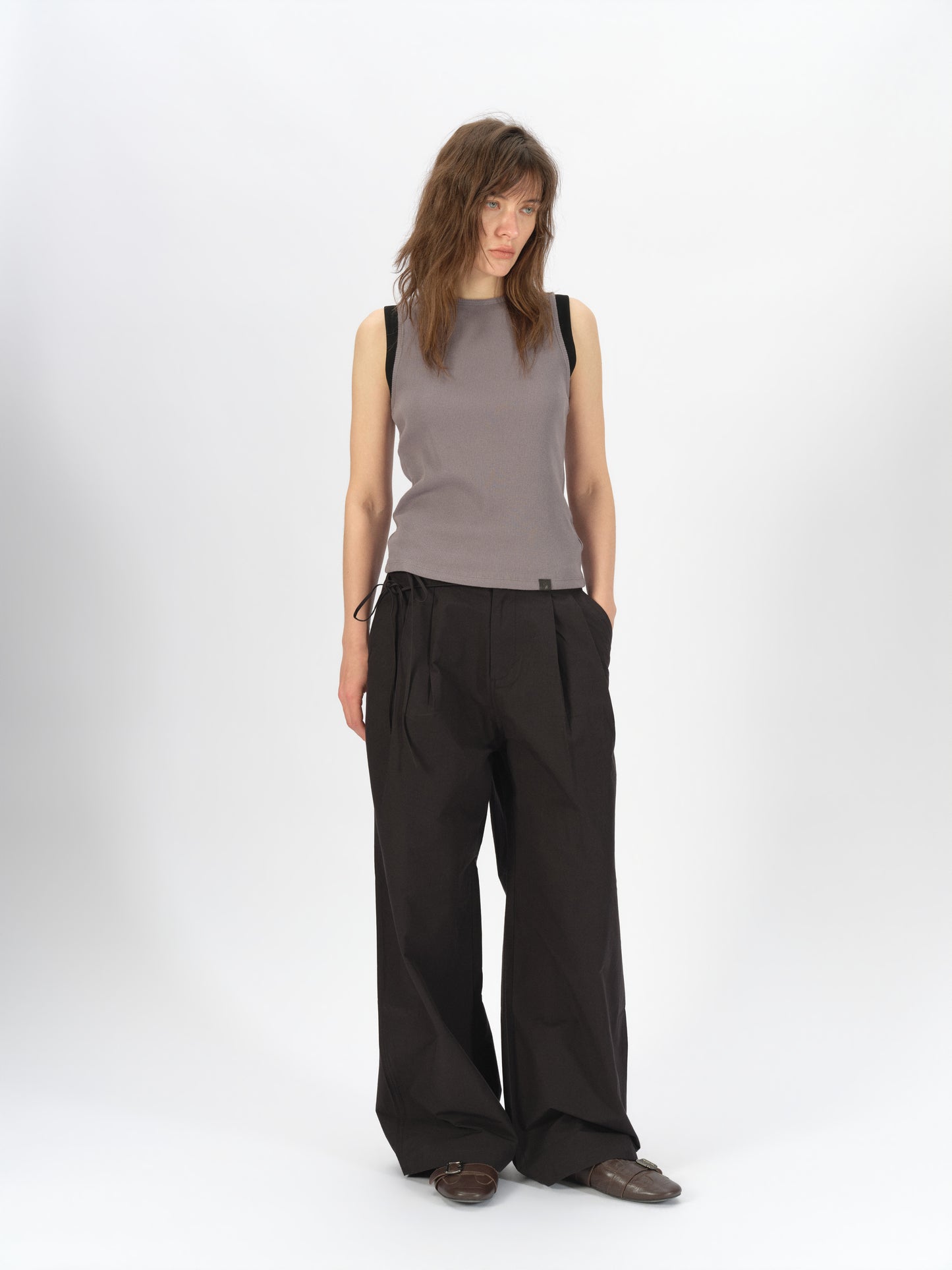 Bicolor-Belted Cotton Wide-Leg Pants
