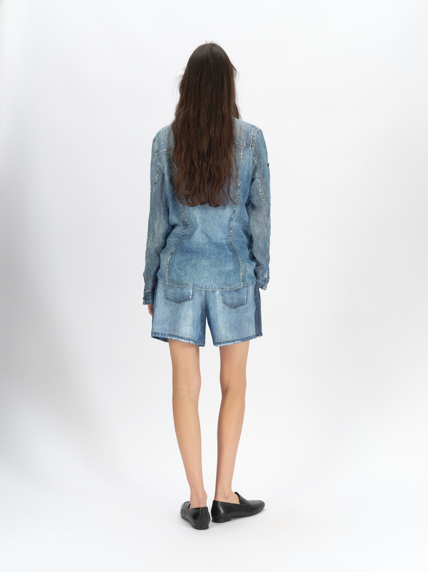 Longline Denim-Print Ramie Shirt
