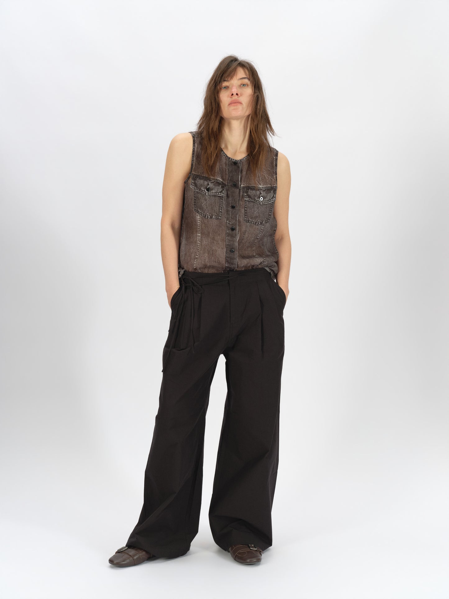 Longline Denim-Print Ramie Tank