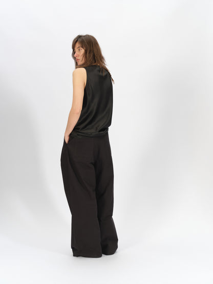 Bicolor-Belted Cotton Wide-Leg Pants