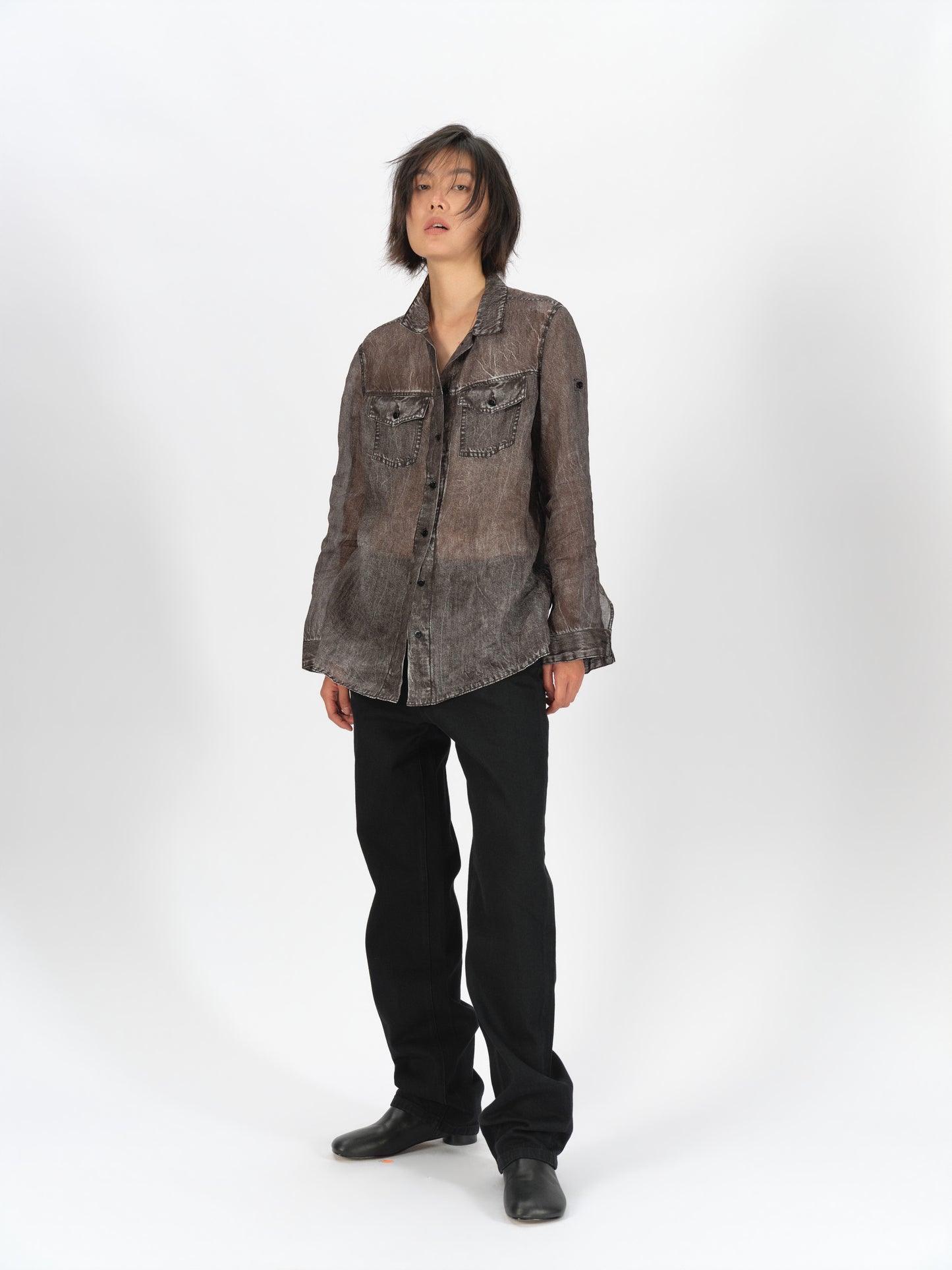 Longline Denim-Print Ramie Shirt