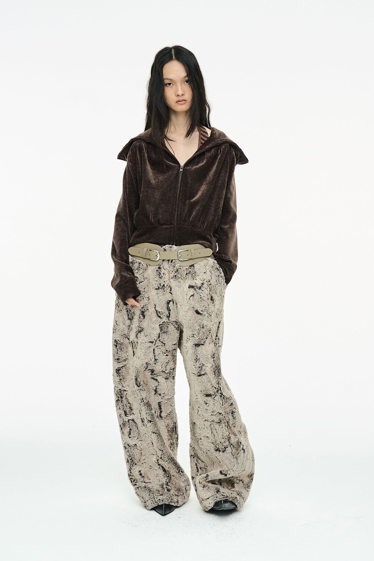 SHIRRING ZIP UP / BROWN