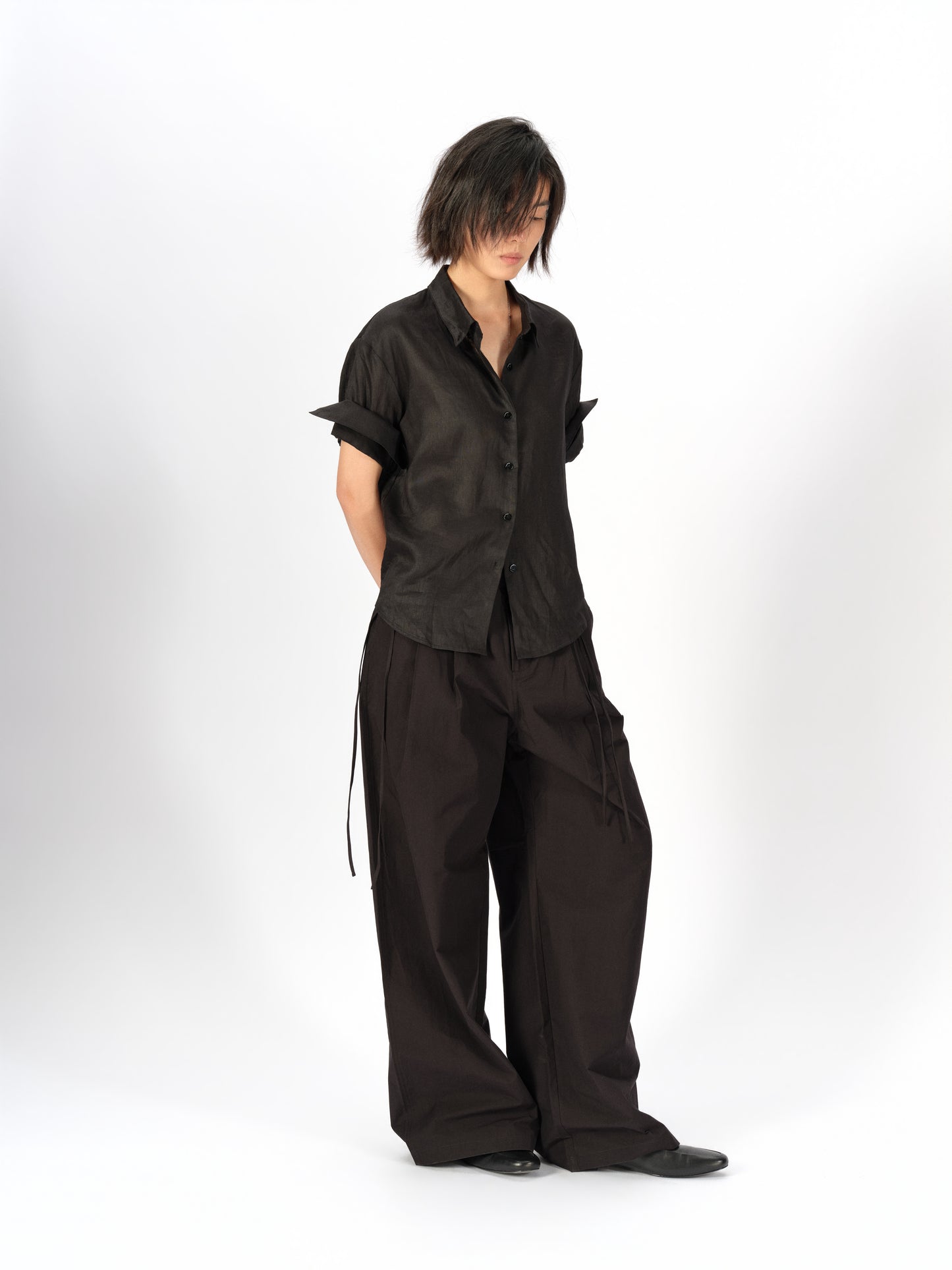 Bicolor-Belted Cotton Wide-Leg Pants