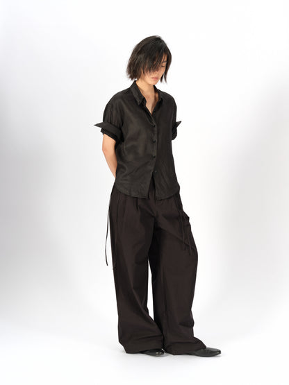 Bicolor-Belted Cotton Wide-Leg Pants