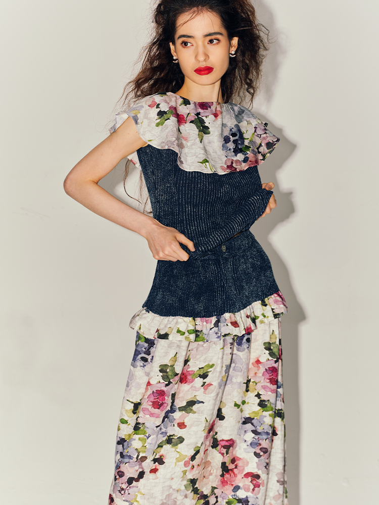 MIAOYAN24 Spring/Summer Knitted Denim Original Abstract Floral Printed Ruffled Collar Top