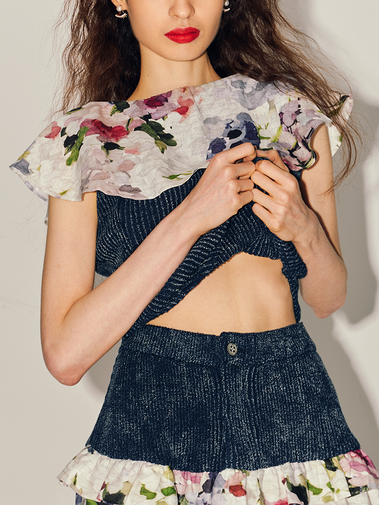 MIAOYAN24 Spring/Summer Knitted Denim Original Abstract Floral Printed Ruffled Collar Top