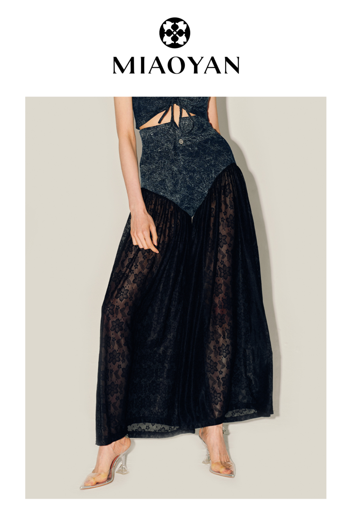 MIAOYAN24 Spring/Summer Deep Blue Knitted Denim Patchwork Perspective Lace Printed Wide-leg Pants