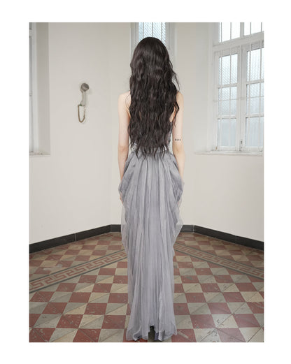Hollow Floral Vase Dress Tea-Dyed Ash Blue