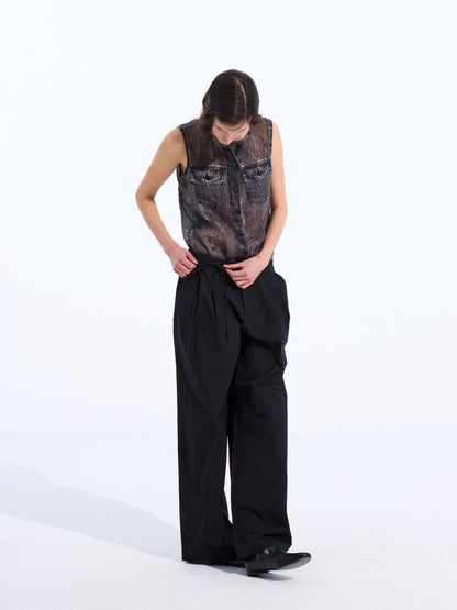 Bicolor-Belted Cotton Wide-Leg Pants
