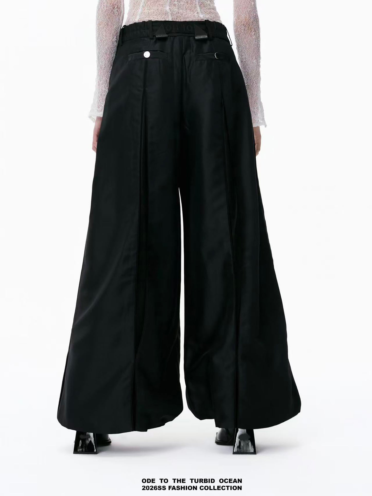 ODE TO THE TURBID OCEAN Cotton & Acetate Satin Pleated Spliced Wide-Leg Pants with Full Lining