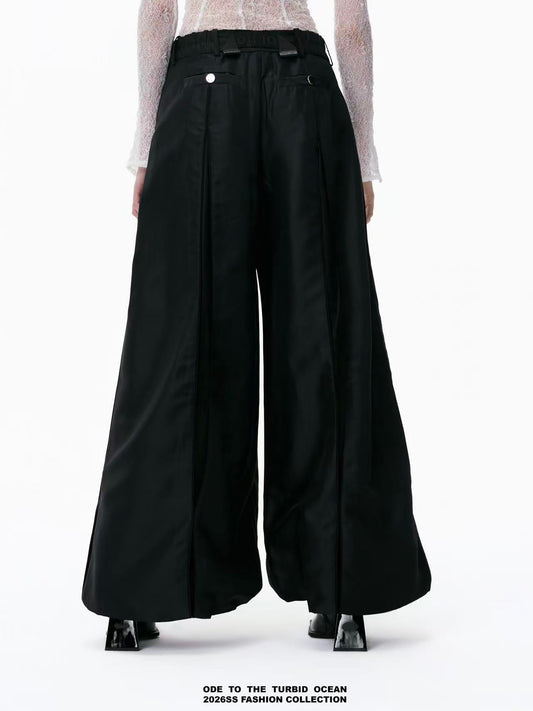 ODE TO THE TURBID OCEAN Cotton & Acetate Satin Pleated Spliced Wide-Leg Pants with Full Lining