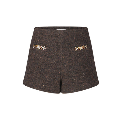 Pocket Studded with Rhinestones Woolen Shorts