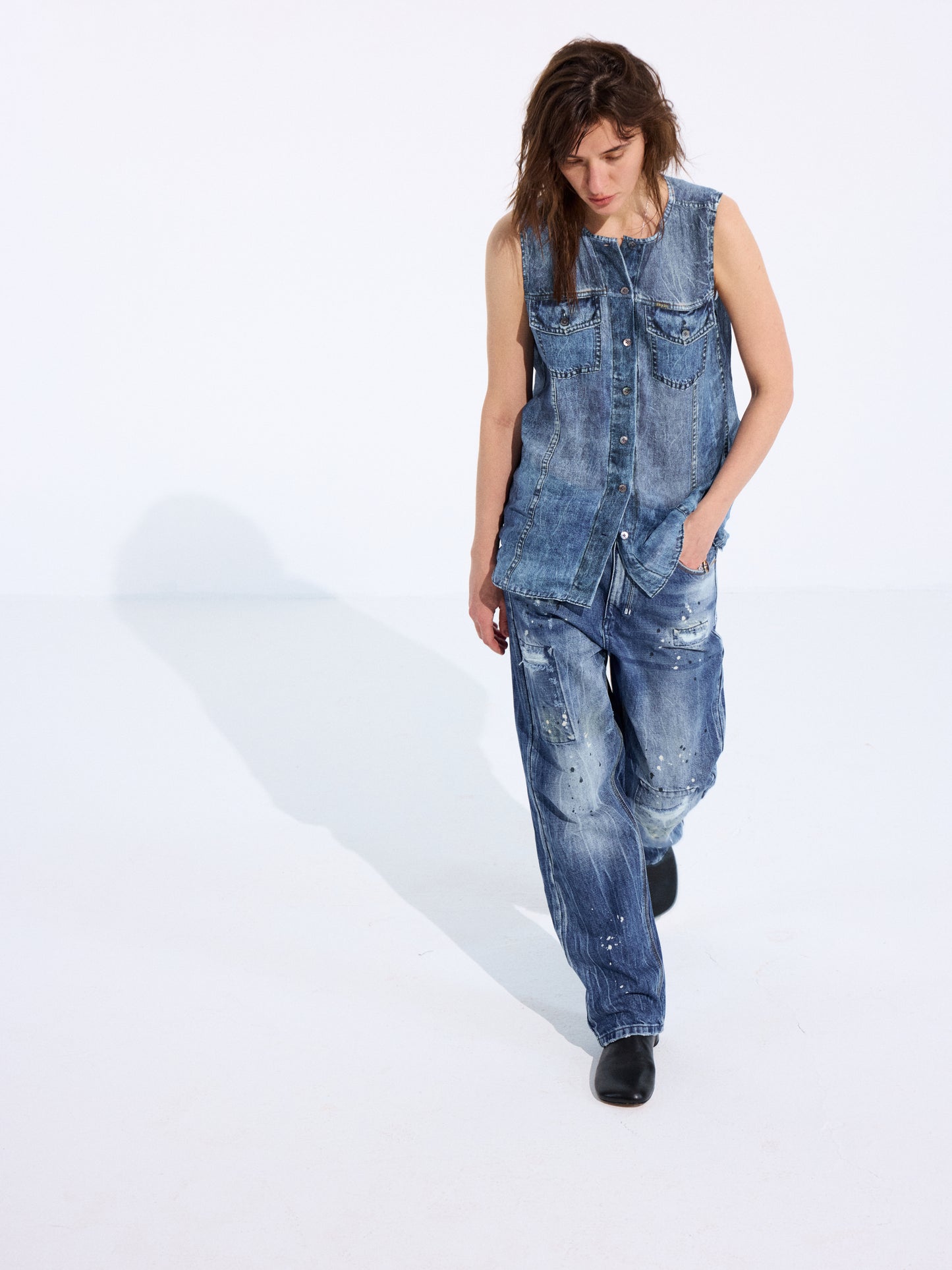 Longline Denim-Print Ramie Tank