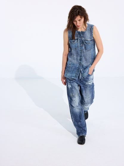 Longline Denim-Print Ramie Tank