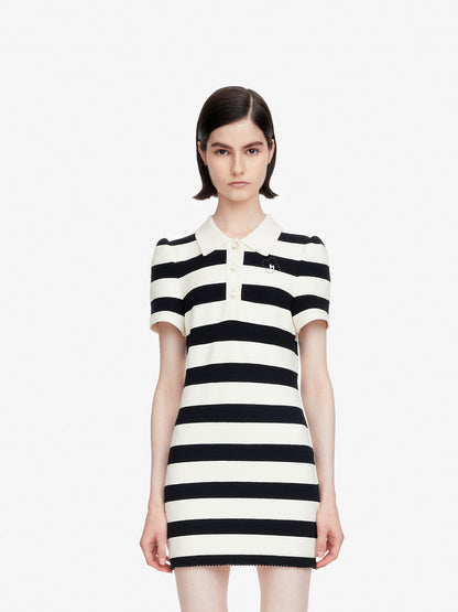 Black and White Striped Polo Short Sleeve Dress