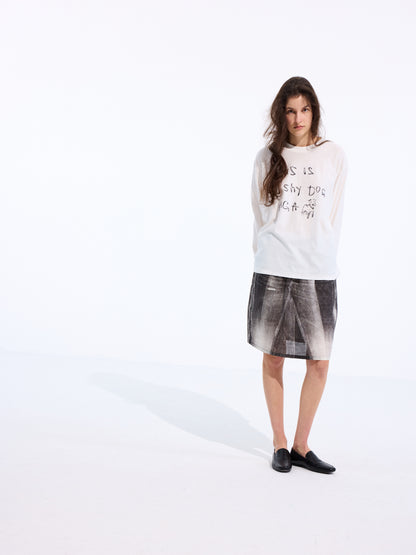 Denim-Print Ramie Midi Skirt