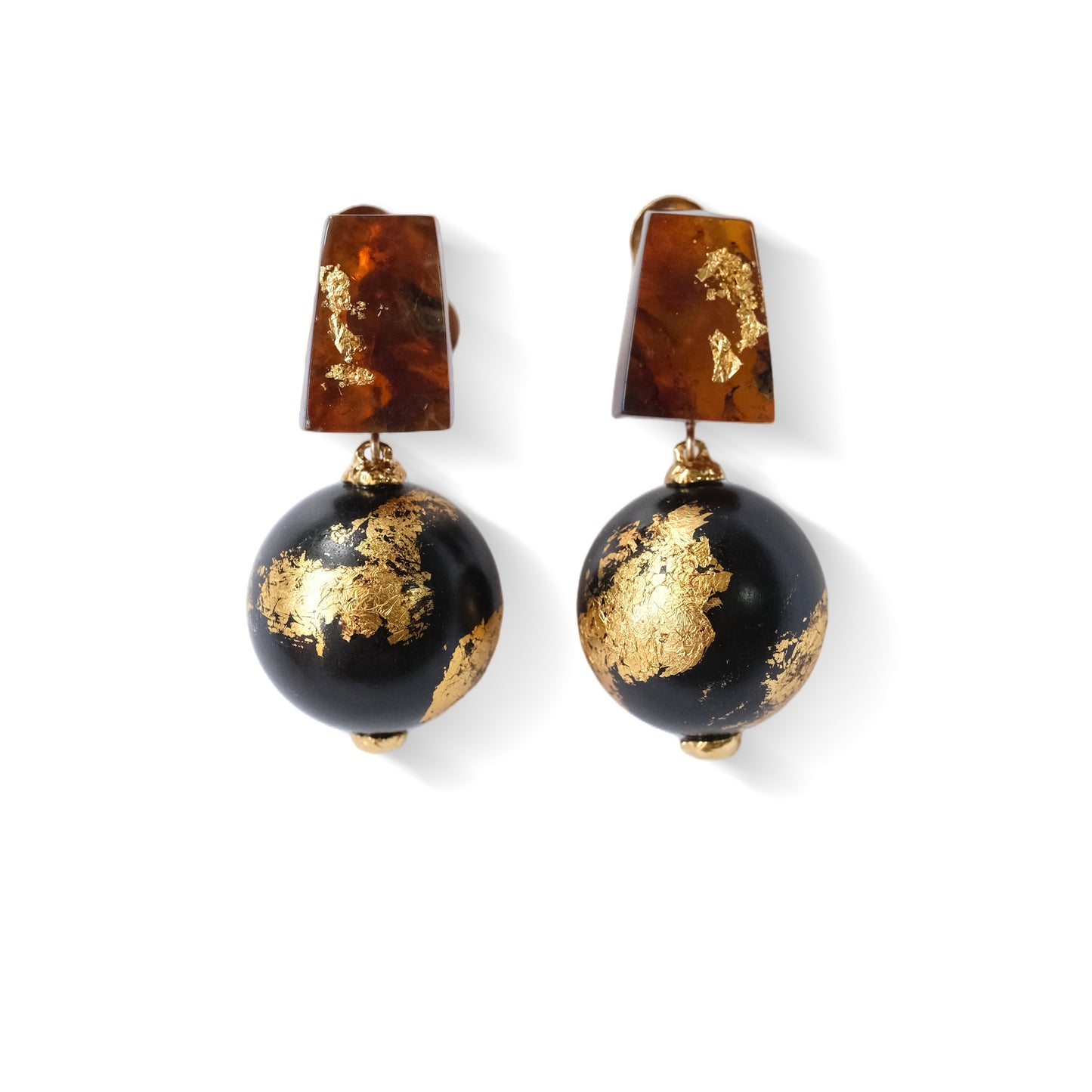 Li Realm Lacquered Gold Snow Earring Amber Ebony Lacquer Gold Leaf Spherical