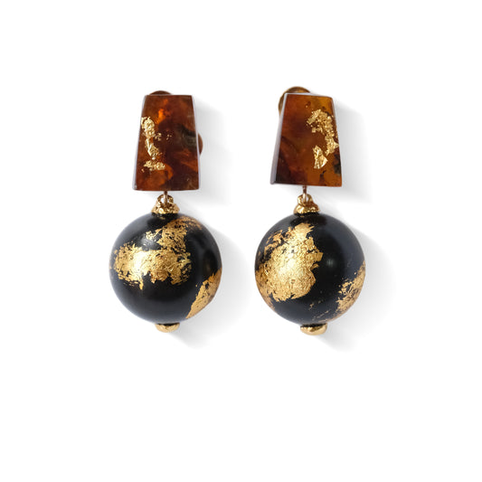 Li Realm Lacquered Gold Snow Earring Amber Ebony Lacquer Gold Leaf Spherical