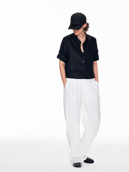 LINEN TROUSERS WITH CUFFED KNIT WAISTBAND