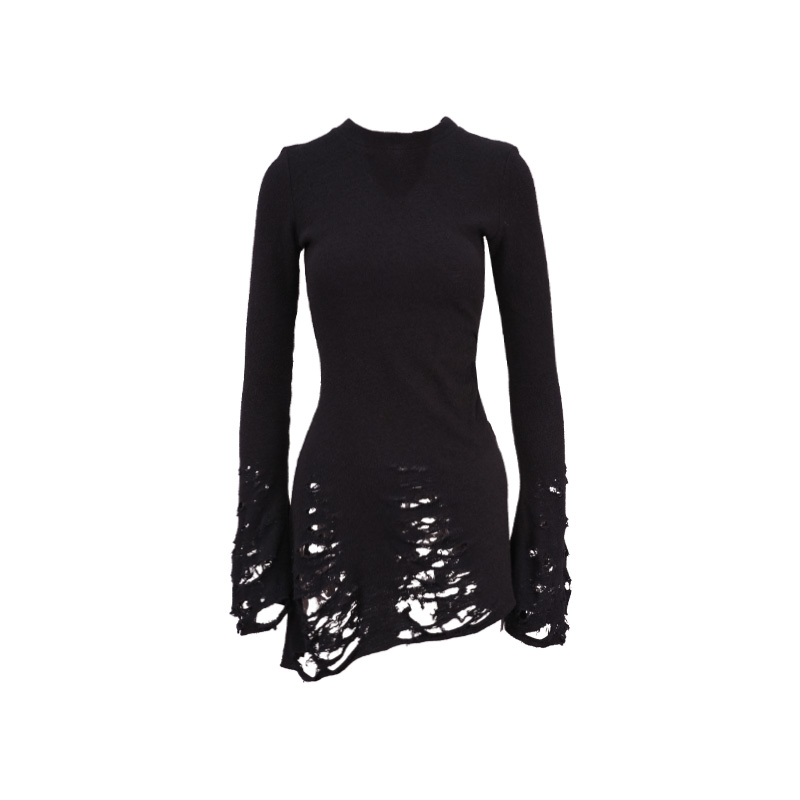 Ragged High Neck Knitted Top Black