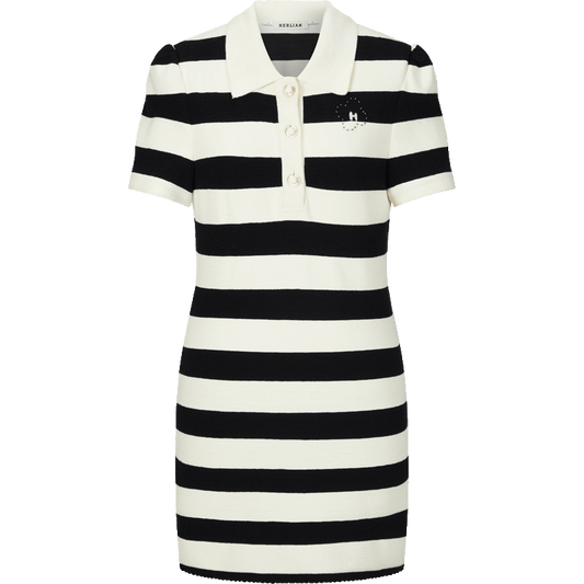 Black and White Striped Polo Short Sleeve Dress