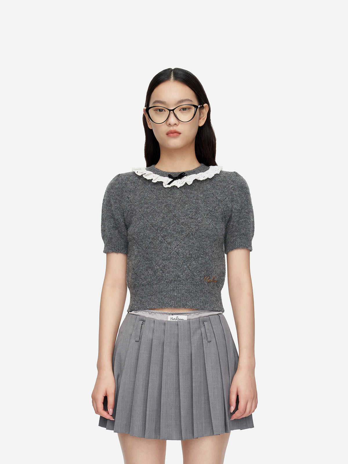 Argyle Lace Round Neck Knit Short Sleeve