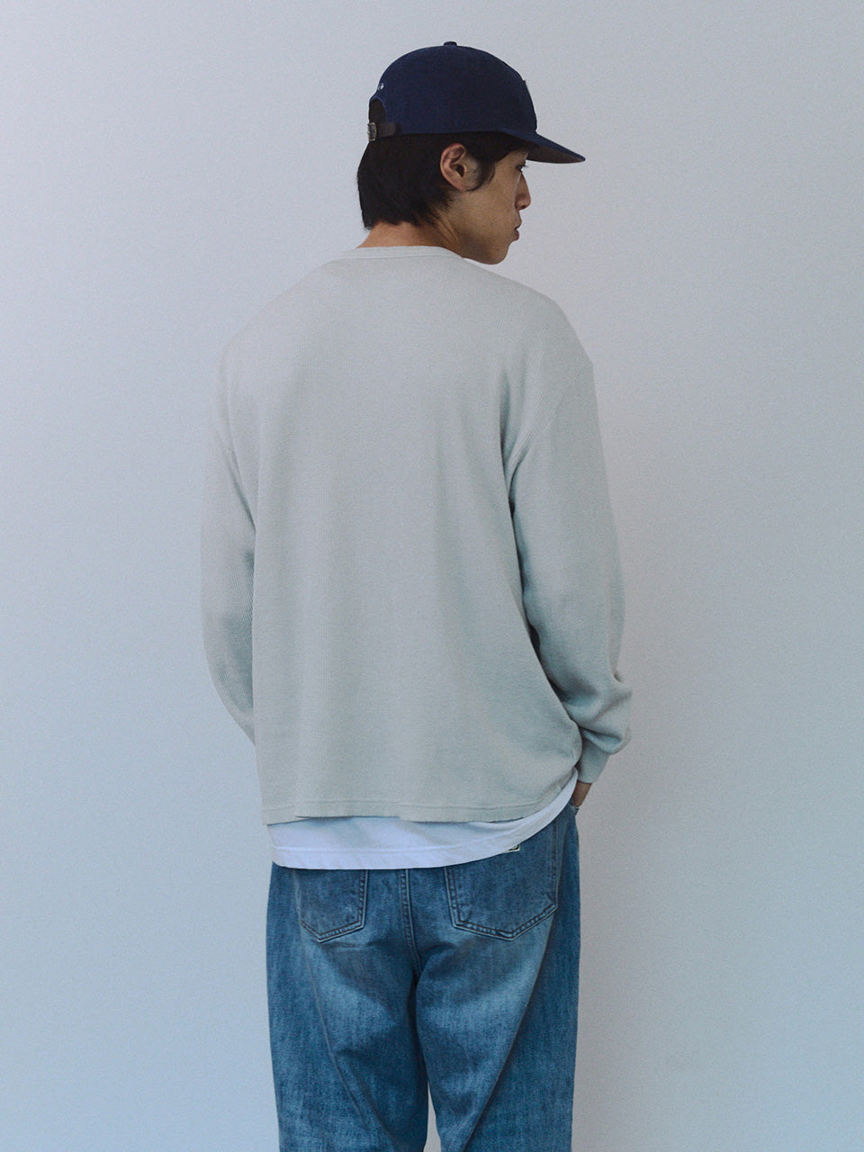 Kijun MEN｜Original Logo Waffle Long Sleeve Tee Light Grey