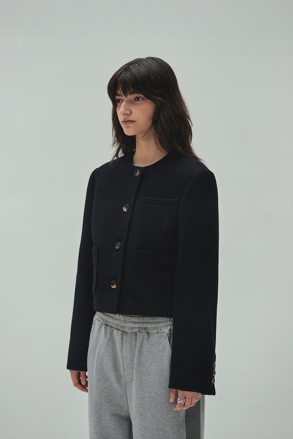WOOLLY NO COLLAR JACKET BLACK