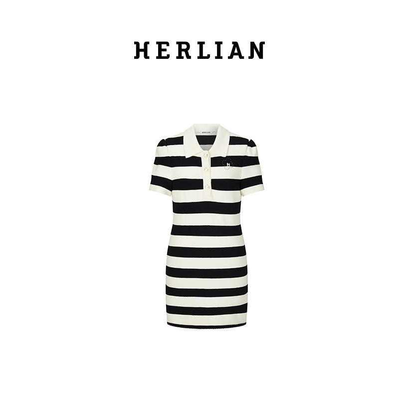 Black and White Striped Polo Short Sleeve Dress