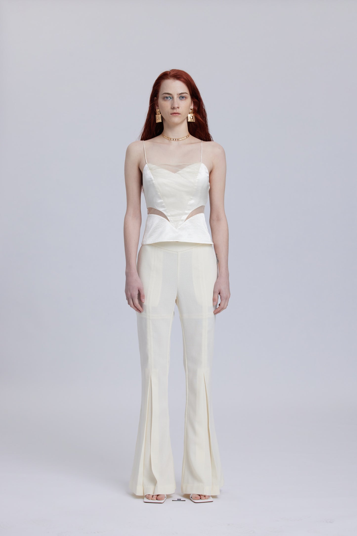 White Mesh Waistband Flared Pants