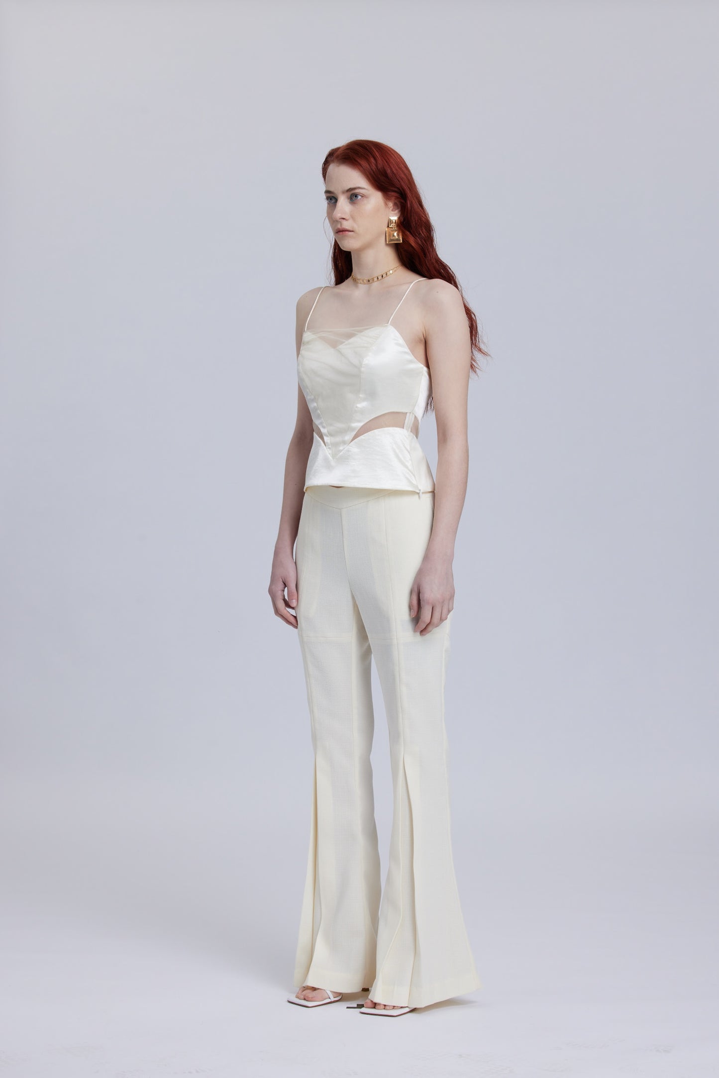 White Mesh Waistband Flared Pants