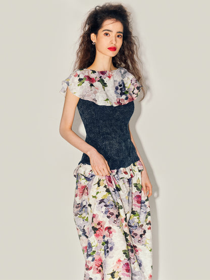 MIAOYAN24 Spring/Summer Knitted Denim Original Abstract Floral Printed Ruffled Collar Top