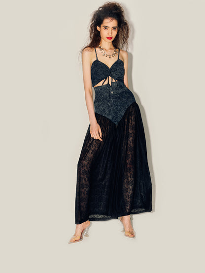 MIAOYAN24 Spring/Summer Deep Blue Knitted Denim Patchwork Perspective Lace Printed Wide-leg Pants