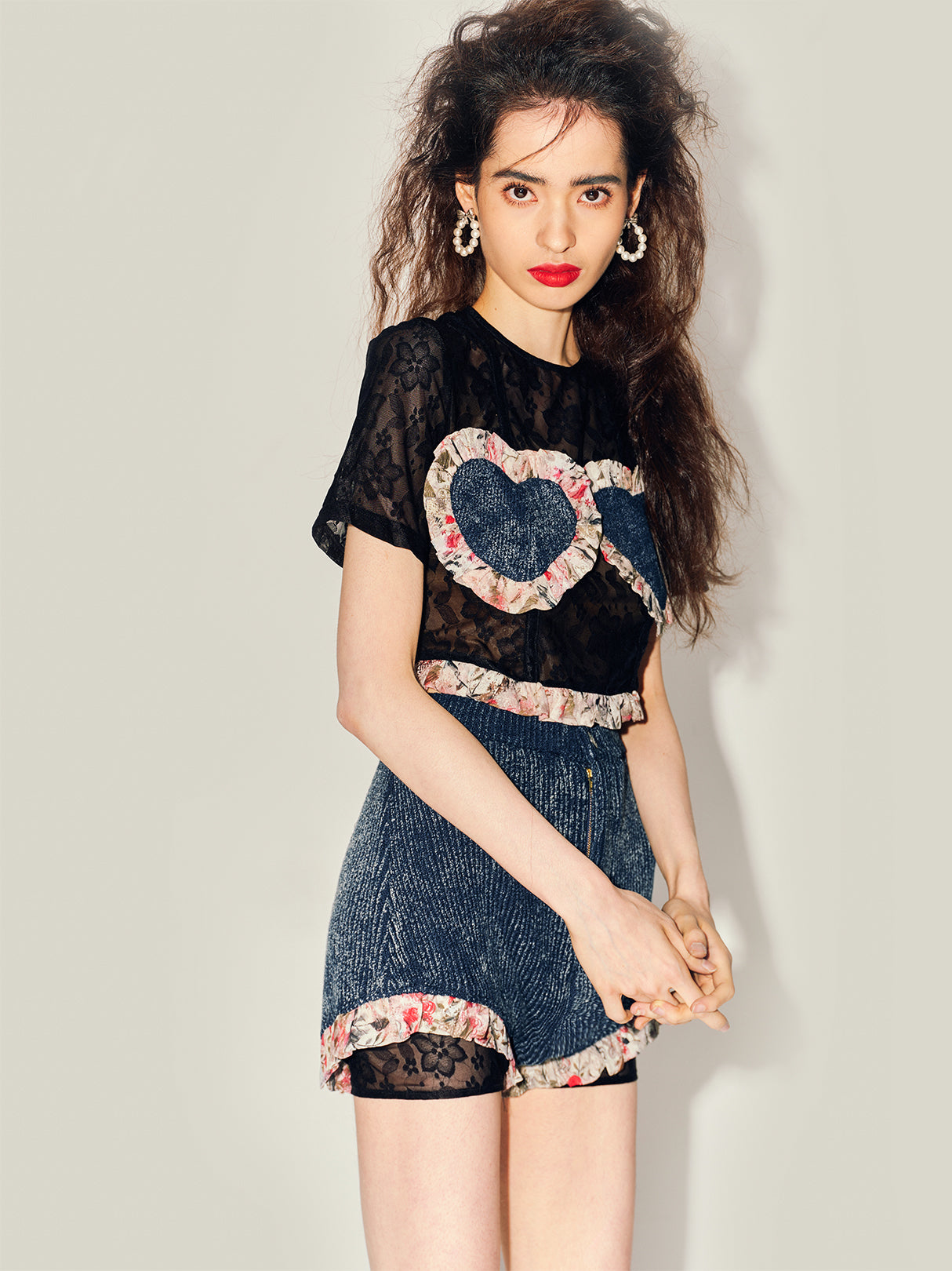 MIAOYAN24 Spring/Summer Original Printed Perspective Lace Patchwork Heart-shaped Top