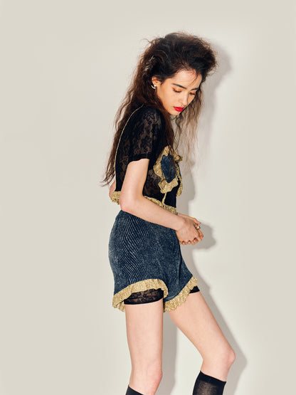MIAOYAN24 Spring/Summer Deep Blue Knitted Denim Patchwork Lace Gold-edged High-waist Shorts