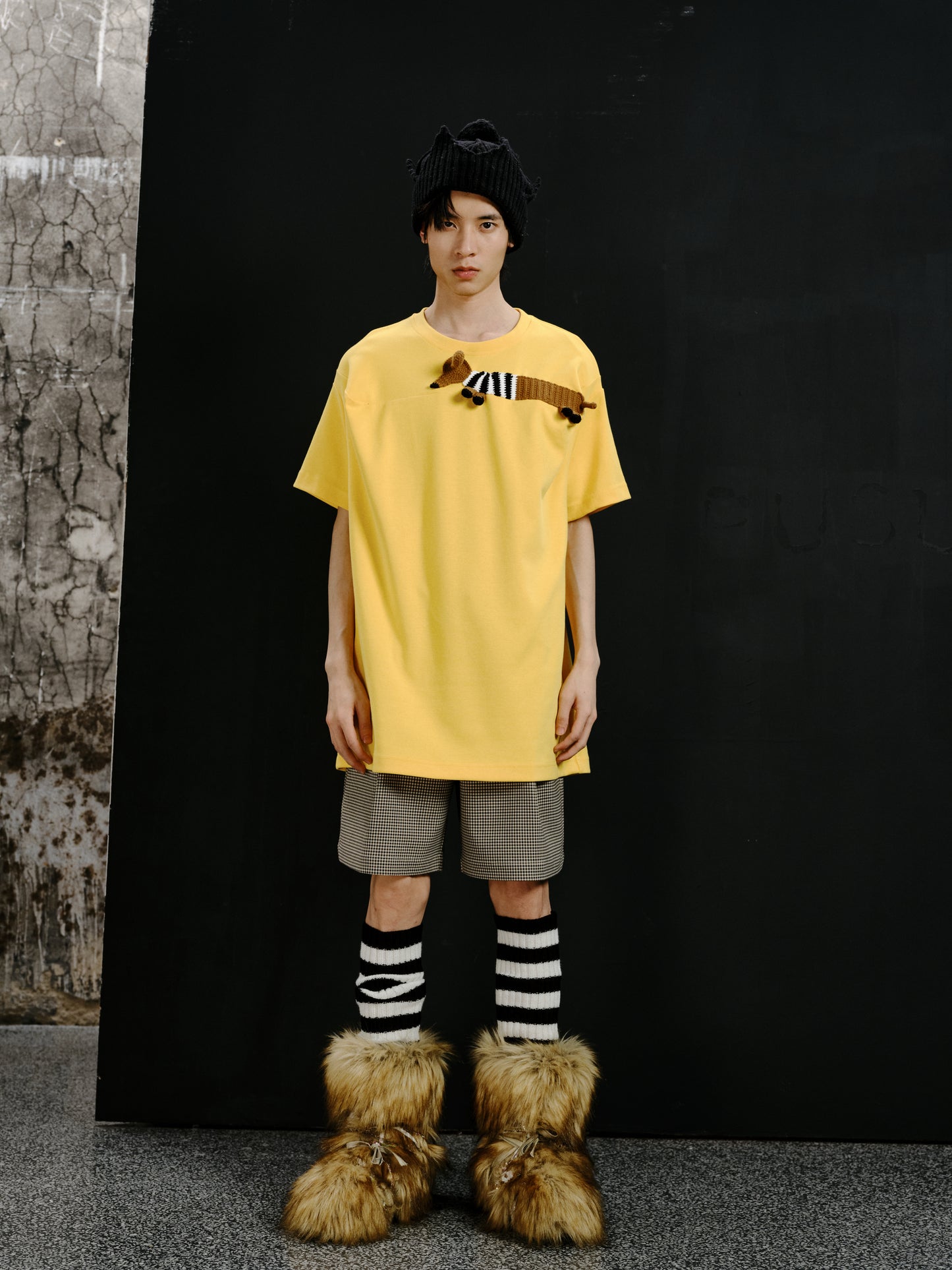 Striped clothing dachshund yellow boxy T-shirt