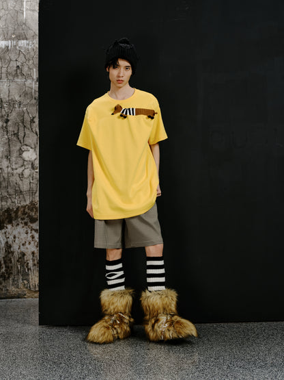 Striped clothing dachshund yellow boxy T-shirt