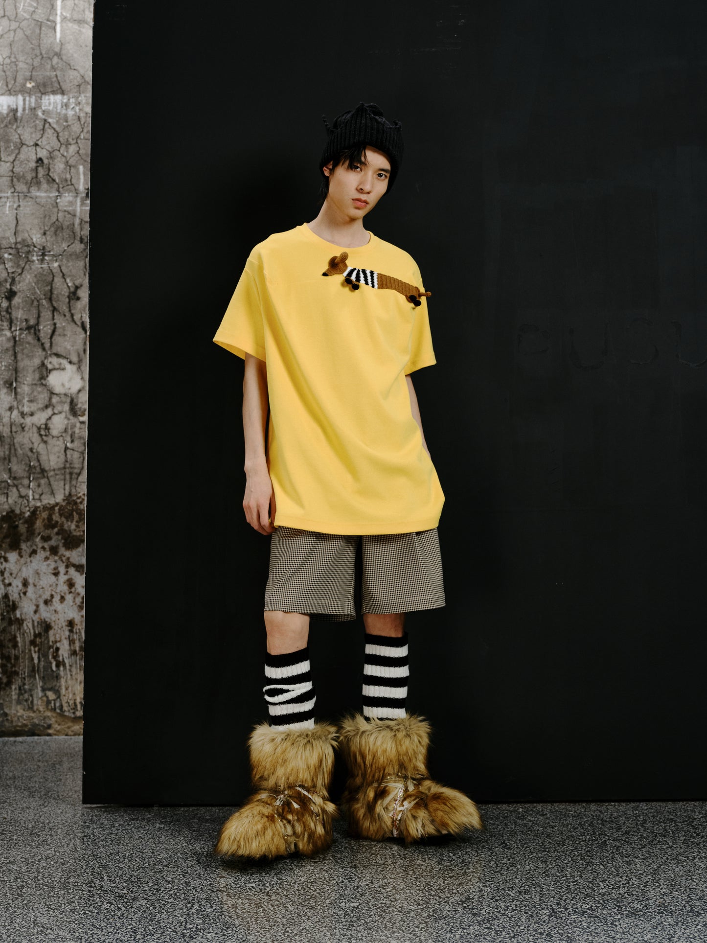 Striped clothing dachshund yellow boxy T-shirt